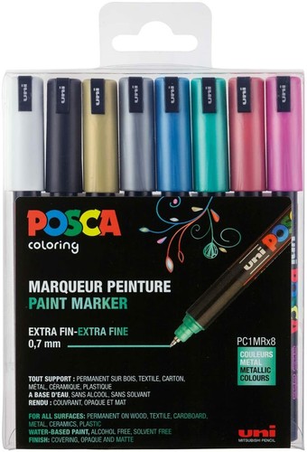 Uni Posca Marker Pen Mixed Size Metallic Set of 8 Marker Pens with FREE WALLET I