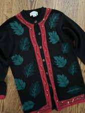 Vintage Long Black Holly Leaf Cardigan Ugly Christmas Sweater Tunic M L