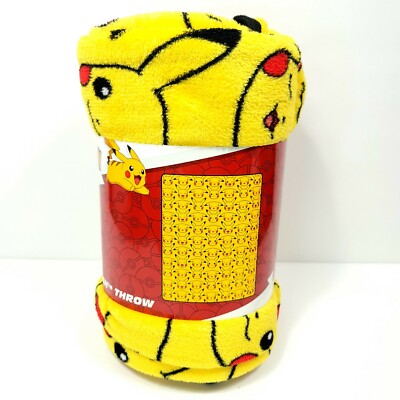 Pokemon Pikachu Plush Throw Blanket 46'' x 60'' Yellow Black Happy Faces Soft NEW