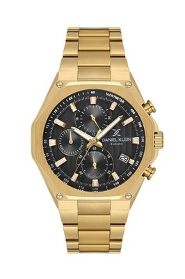 Mens 45mm Octogon Quartz Watch Steel Strap Gold / Black Dial Day-Date calendar,