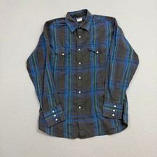 Vintage Wrangler Western Shirt Large Black Blue Plaid Pearl Snap Cowboy 90s