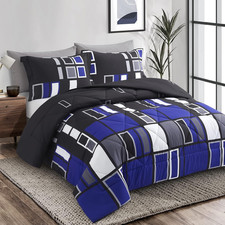 Microfiber 3 Pieces Comforter Set Blue Gray Black Plaid Pattern Lightweight Bedd