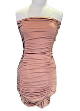 MED Strapless Ruched Bodycon Mini Dress Super Stretchy Nude / Beige