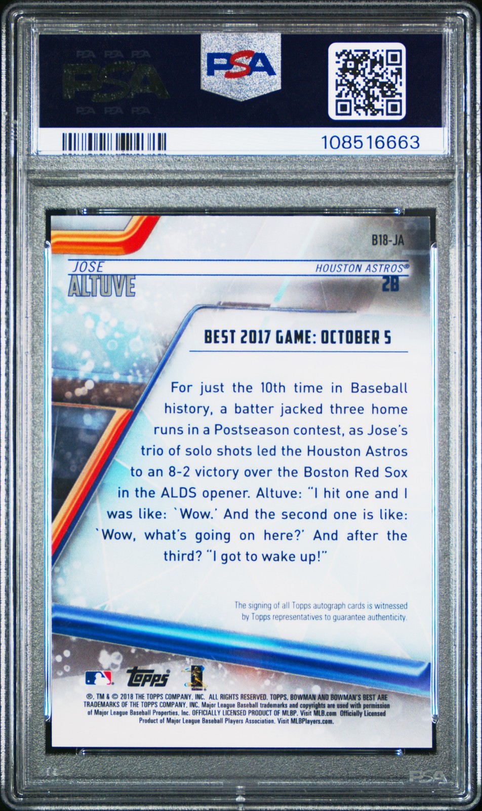 2018 BOWMAN'S BEST BEST OF 2018 AUTO ATOMIC #B18JA JOSE ALTUVE 5/25 PSA 10 AUTO view 2
