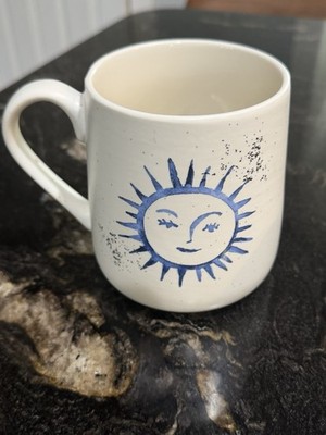 Sun Moon Big Mug Celestial White Blue Faces Pottery Ceramic Coffee Tea 4.5 