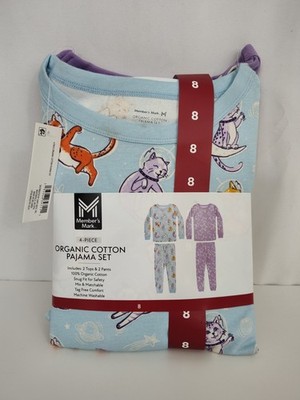 New Organic Cotton Pajama Set of 2 Child Size 8 yo Members Mark Cats & Stars