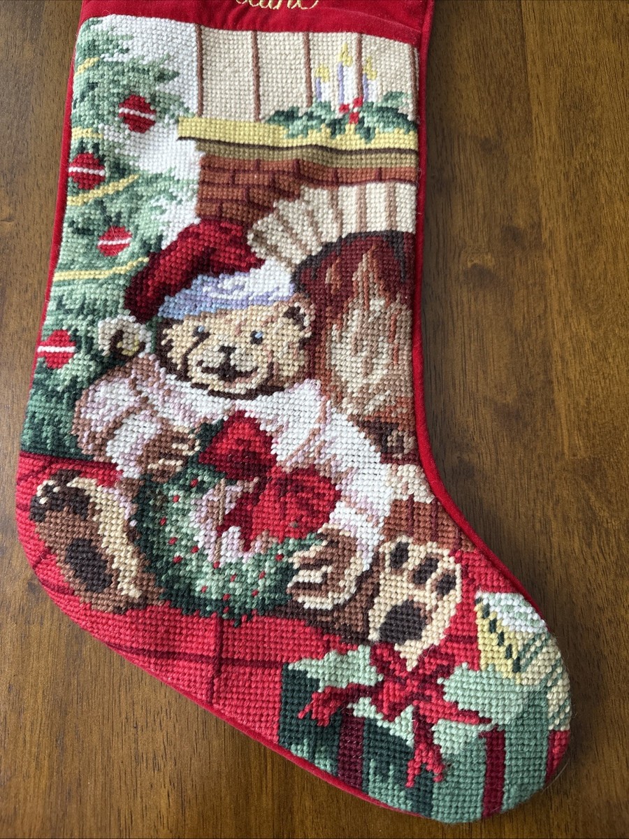 Lillian Vernon Needlepoint Christmas Stocking Fireplace Bear W