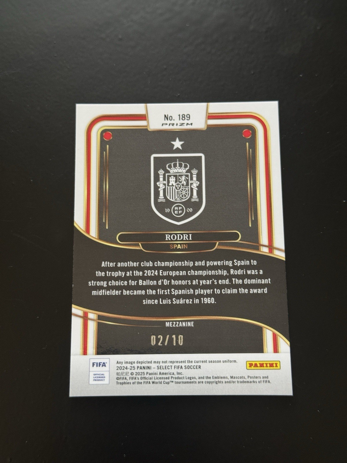 Panini 2024-25 Select FIFA Rodri #189 Mezzanine Gold Prizm 02/10 view 2