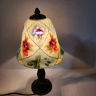 Vintage Tiffany Style Metal Accent Table Lamp Reverse Painted Glass Shade Floral