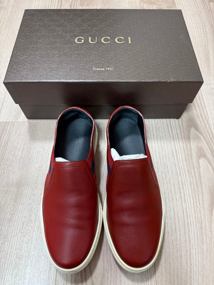 Auth Gucci Leather Slip-On Low cut Sneakers Red Logo EU37 US7 UK4 Women