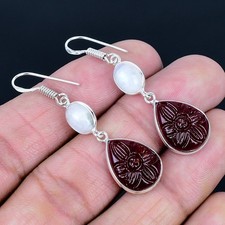 Garnet Carving 925 Silver Plated Handmade Earrings of 1.97