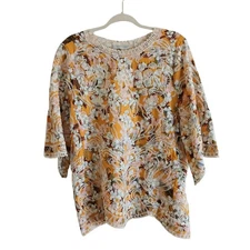 Solitaire by Ravi Khosla Top Womens Large Yellow Floral Embroidered Boho EUC 