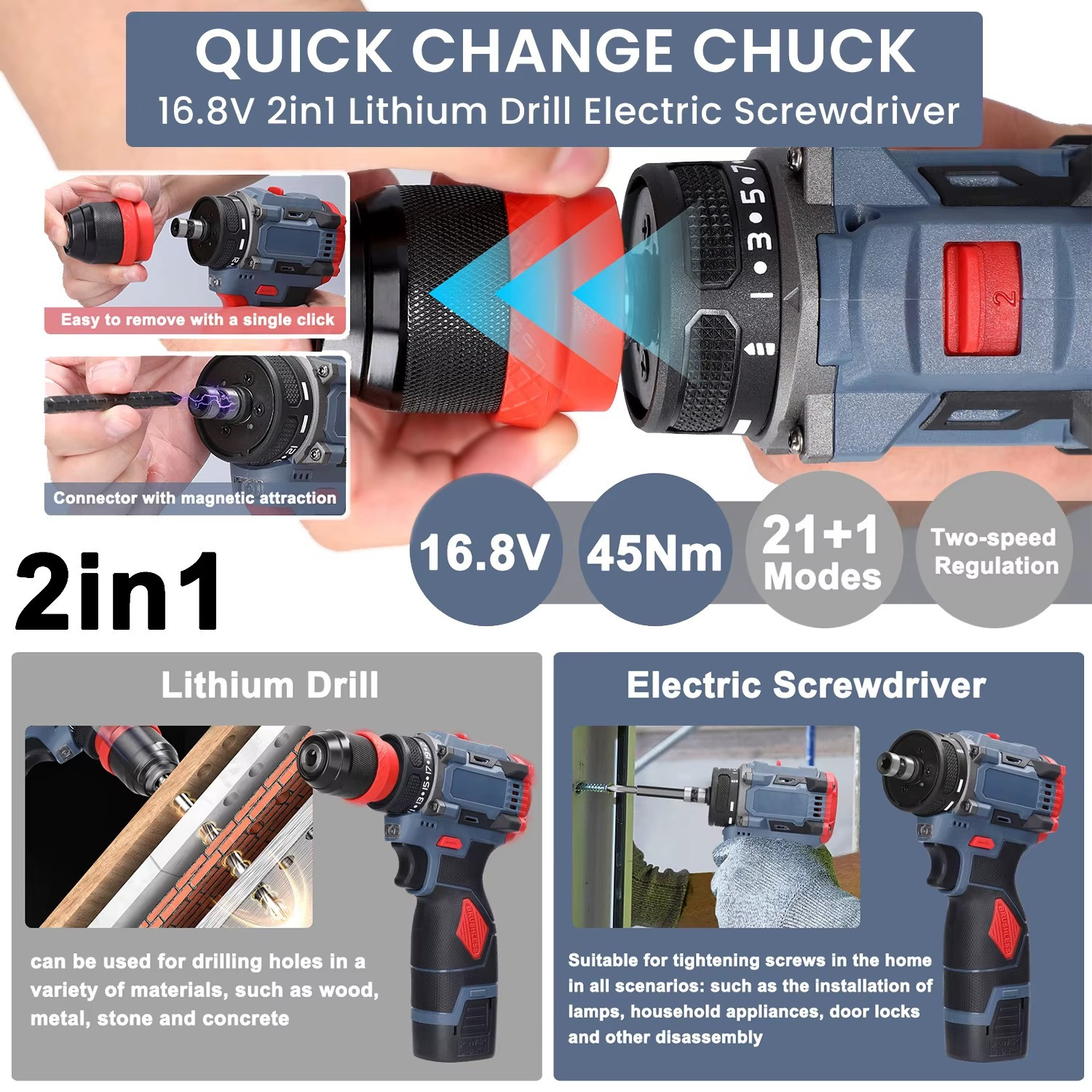 Trapano Avvitatore Brushless 16.8V con LED e Batterie foto 3
