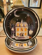 POTTER'S STUDIO HALLOWEEN HAUNTED HOUSE SIDE PLATES SET OF 4  WITCH GHOST SPOOKY