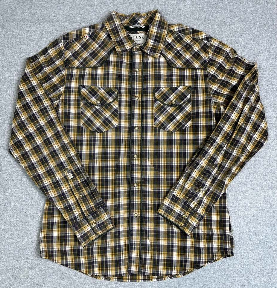 Guess Shirt Mens Medium Yellow Black Plaid Western Pearl Snap Yoke Long Sleeve - Image 2 of 4
