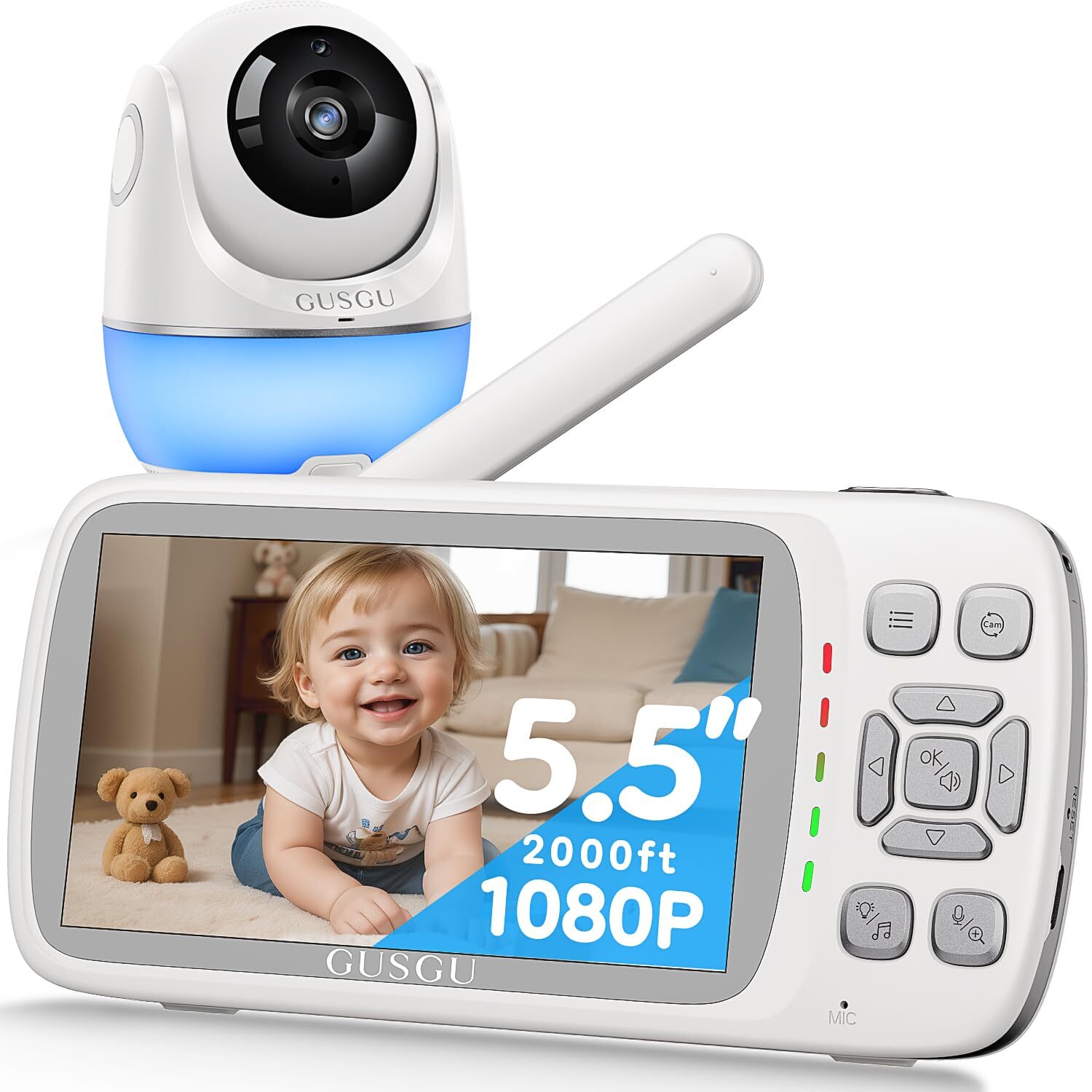 GUSGU Long Range Baby Monitor 2000ft, Noise Cancellation, 1080P Video Baby Mo...
