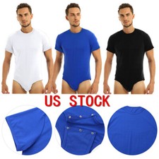 Mens T-shirt Leotard Romper Press Button Crotch Shirts Tops Bodysuit Pajamas