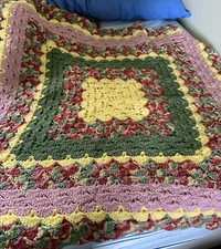 Afghan Crochet Throw Lap Blanket Rose Pink Green Yellow Square 48" x 48"