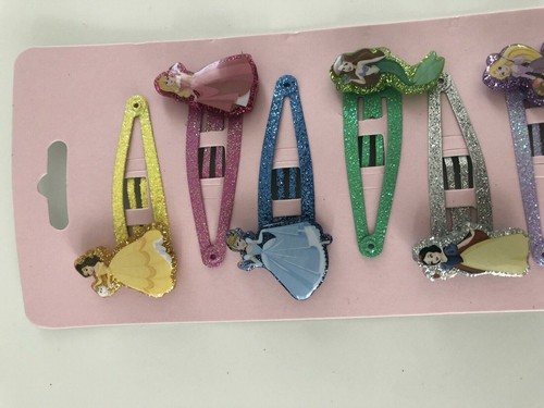 NEW Girl Kids Children 6 Princesses Ariel Snow white Snap Hair Clips Pin Set - Afbeelding 8 van 11