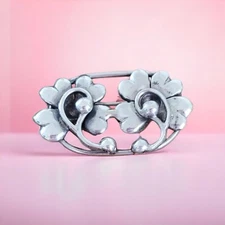 Vintage Sterling Silver Brooch Art Nouveau Botanical Floral Repousse Pin