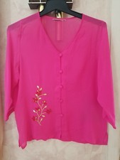 Women Chiffon Red Top Button Down Blouse 3/4 Sleeves Sz L