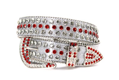 Rhinestone Western Belt Bling Silver Red Clear Unisex Men Pant 30 Cinto Vaquero