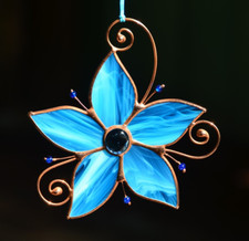 Blue Flower Sun Catcher 5"x5" Handmade Window Hanging Home Decor Stained Glass