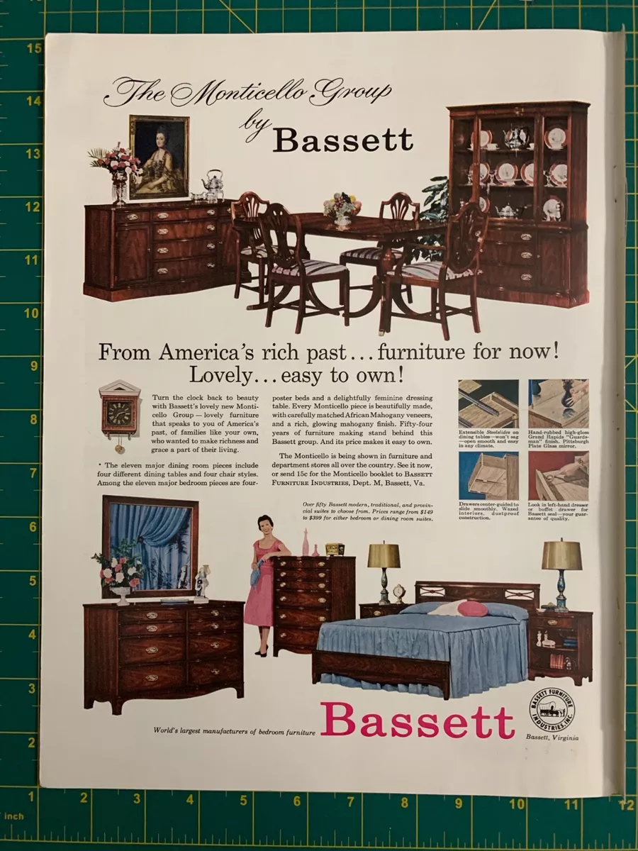1957 Vintage Bassett Monticello Dining Room Bedroom Furniture Wood Print Ad L1