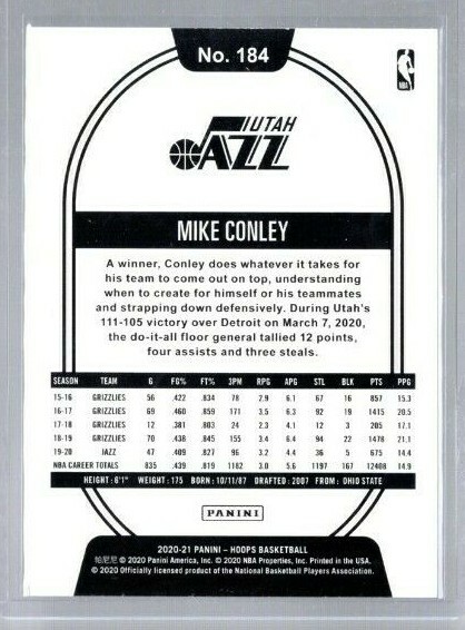 2020-21 Panini Hoops Mike Conley Red #'d 57/75 #184 Utah Jazz | eBay