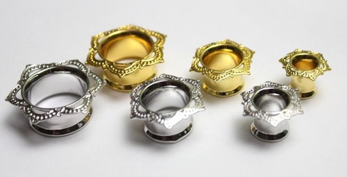 Floral Flower Double Flare Earing flesh Tunnels Ear Plugs Gold Boho Yoga Wicca - Picture 4 of 7