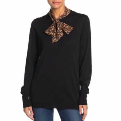 NEW 14th Union Nordstrom L Black Tie Neck Scarf Knit Pullover