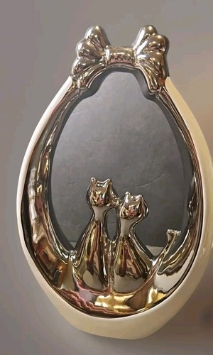 Estatua de cerámica para pareja de gatos plateada/blanca de 11" de alto regalo de boda/decoración ¡Nueva! - Imagen 2 de 6