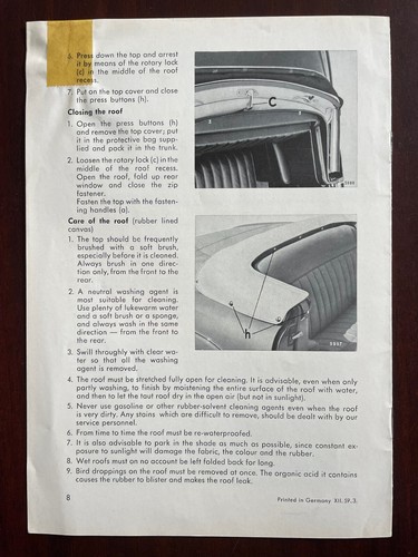 Mercedes Benz 220 SE Conv't/Coupe Owners Manual Ed. A (1959) - Picture 5 of 6