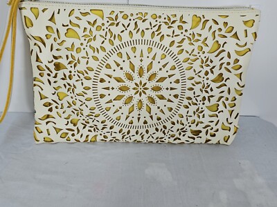 Carlos Santana wristlet clutch purse, EUC, Yellow and Ivory , laser cut