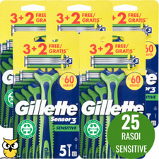 25 LAMETTE GILLETTE SENSOR3 SENSITIVE 3LAME USA E GETTA RASOIO BARBA UOMO SENSOR