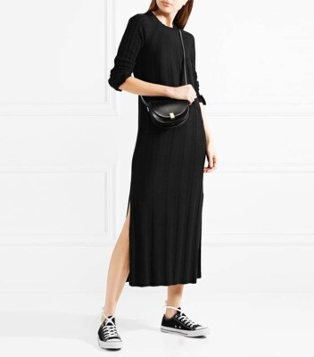 Elizabeth and James Gerri Ribbed-knit Midi Dress Black Side Slit Cashmere  Wool | eBay