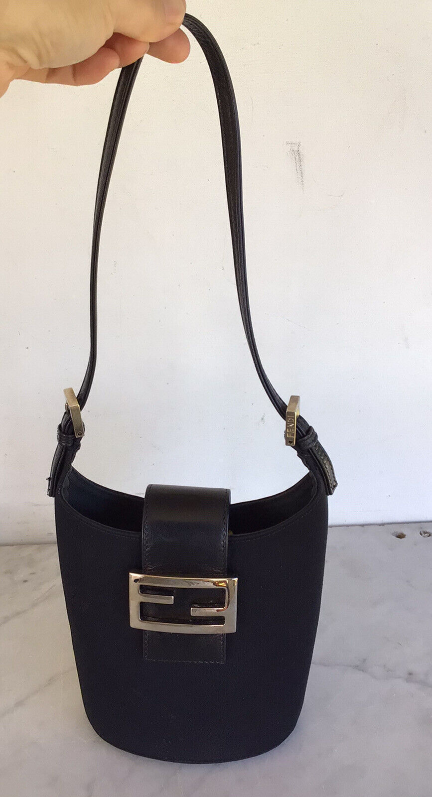 VINTAGE FENDI BLACK CANVAS & LEATHER DRAWSTRING BUCKET BAG W/ BROKEN STRAP