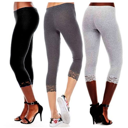 Capri Leggings Hem Lace Trim 3/4 Length 