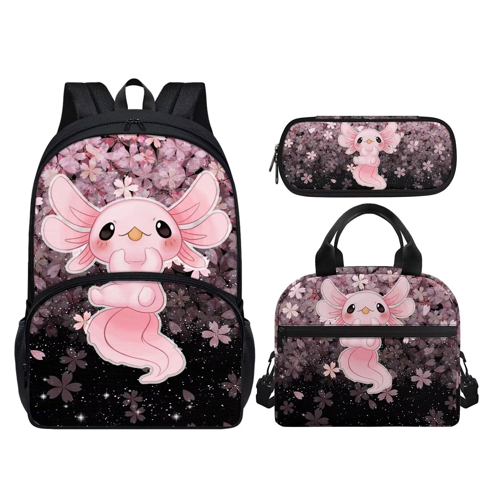 Flower Axolotl Backpack for Girls School Bags and Lunch Box Kids Schoolbag Pr...