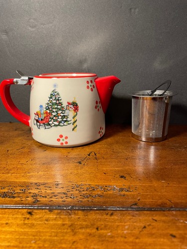 Temp-tations Ceramic Red Floral Lace 18 Oz. Tea Pot with Strainer - Picture 3 of 6