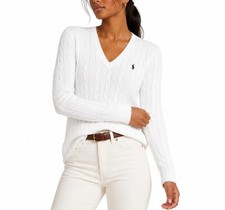 Polo Ralph Lauren Cable Knit V-Neck Sweater Jumper White 100 Cotton Women's M