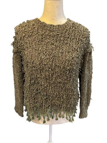 Vintage Bibi Green Long Loop Boucle Shaggy Fringed Cropped Sweater Size Medium - Picture 1 of 9