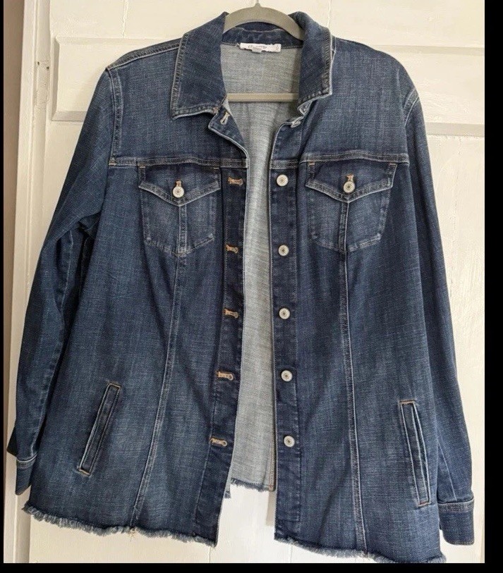 Chicos Womens Denim Jacket Size 3 (16) Raw Edge Hem Distressed Style-image