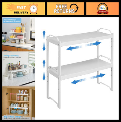 Set of 2 Expandable Stackable Kitchen Cabinet Shelves, Adjustable Storage Rack,