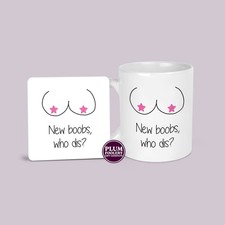 New Boobs Who Dis Mug & Coaster: Funny Breast Surgery Gift, Cancer Op, Boob Job,