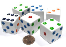 Set of 6 D6 25Mm Large Opaque Jumbo Dice - White with Multicolor Pip by Koplow G