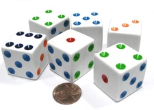 Set of 6 D6 25Mm Large Opaque Jumbo Dice - White with Multicolor Pip by Koplow G