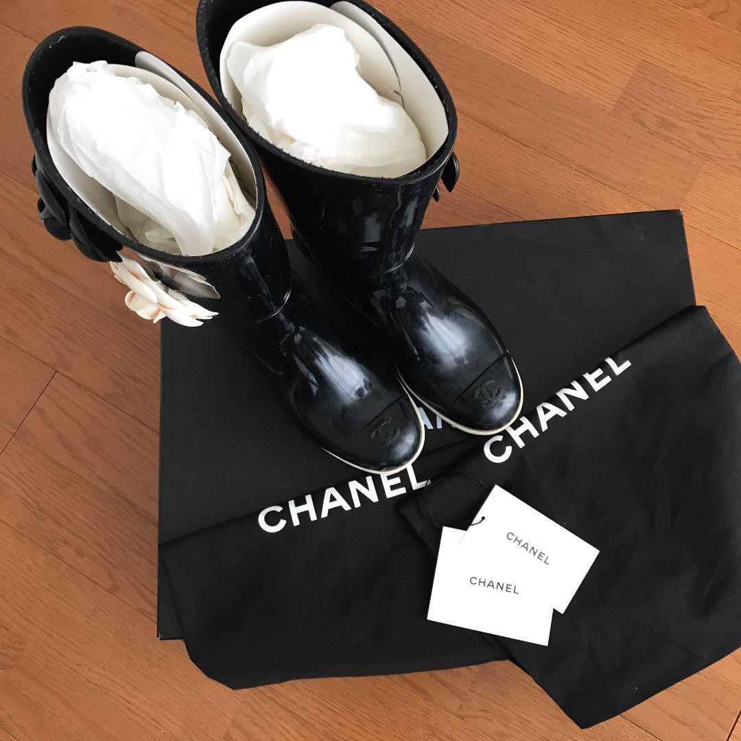 CHANEL ブーツ カメリア 36 CHANEL Camellia Rubber Rain Boots 36 Coco Mark Flower Black