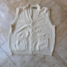 70s Vintage Cream 100 Acrylic Knit Sweater vest Cardigan Preppy Size Large