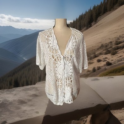 N Touch Crochet Cardigan White Open Front Boho Size Large Cotton B38